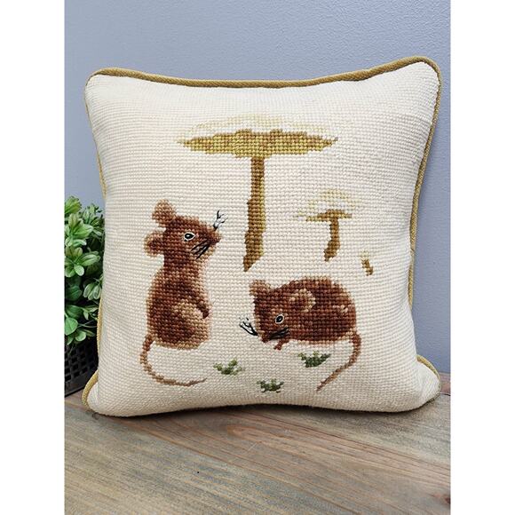 Handmade Vintage Crafted Needlepoint Throw Pillow 10" Mice Mushroom - Picture 1 of 6